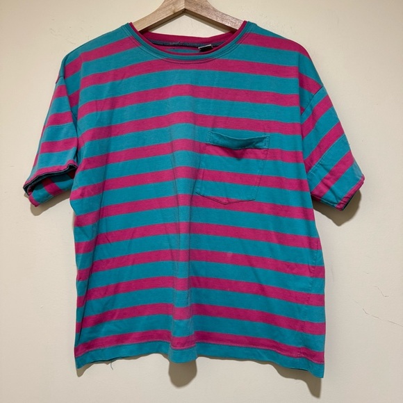 Unisex Striped Teal and Pink Shirt Vintage Single Stitch Cotton T-Shirt Size M - Picture 2 of 16